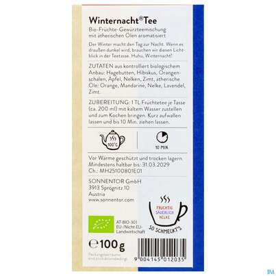 Sie sehen eine Packung Sonnentor Fruechtetee/bio Winternacht 01203 100g, Produktbild: 06 Sonnentor Fruechtetee/bio Winternacht 01203 100g, A-Nr.: 3574210 - 06