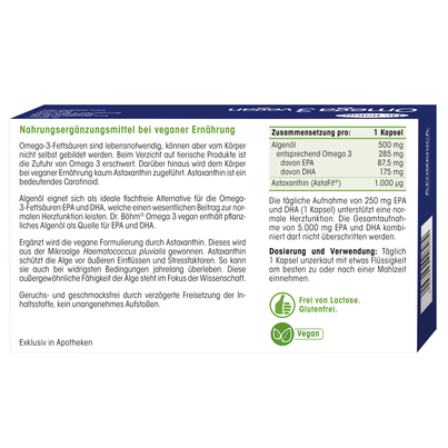 Sie sehen eine Packung Dr. Böhm® Omega 3 vegan, Produktbild: 06 Dr. Böhm® Omega 3 vegan, A-Nr.: 5711013 - 06