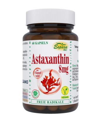 Sie sehen eine Packung Astaxanthin 8mg BIO Kapseln, Produktbild: 01 Astaxanthin 8mg BIO Kapseln, A-Nr.: 6156364 - 01