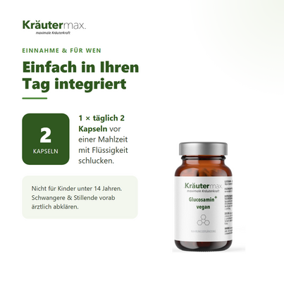 Sie sehen eine Packung Glucosamin+ vegan Kapseln 60 Stück, Produktbild: 04 Glucosamin+ vegan Kapseln 60 Stück, A-Nr.: 6129924 - 04