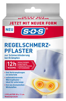 Sie sehen eine Packung SOS Regelschmerz-Pflaster 2ST, Produktbild: 01 SOS Regelschmerz-Pflaster 2ST, A-Nr.: 6142184 - 01