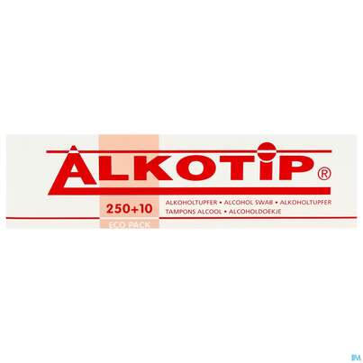Sie sehen eine Packung Alkoholtupfer Alkotip 70% 250st, Produktbild: 01 Alkoholtupfer Alkotip 70% 250st, A-Nr.: 2662053 - 01