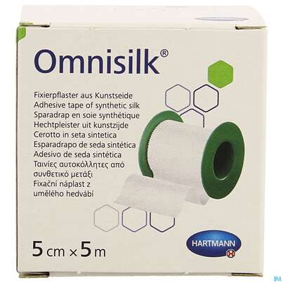 Sie sehen eine Packung Fixierpflaster Omnisilk 5mx 5cm 1st, Produktbild: 01 Fixierpflaster Omnisilk 5mx 5cm 1st, A-Nr.: 1566123 - 01