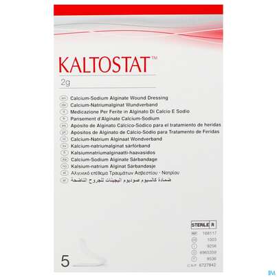 Sie sehen eine Packung Kaltostat Tamponade 2g 16811 5st, Produktbild: 01 Kaltostat Tamponade 2g 16811 5st, A-Nr.: 1747451 - 01