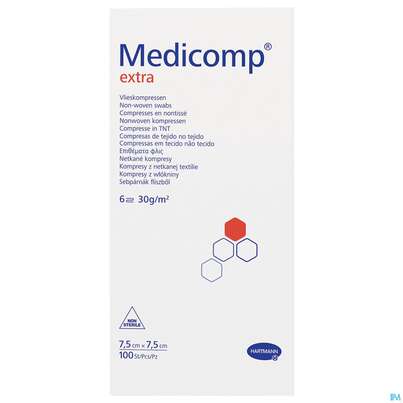 Sie sehen eine Packung Kompressen Medicomp/extra Vliesstoff 6fach Unsteril 7,5x 7,5cm 100st, Produktbild: 01 Kompressen Medicomp/extra Vliesstoff 6fach Unsteril 7,5x 7,5cm 100st, A-Nr.: 1652093 - 01