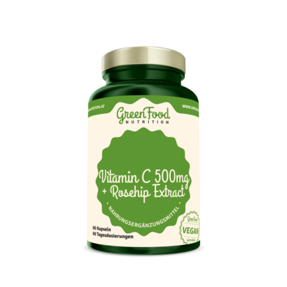 Sie sehen eine Packung GreenFood Nutrition Vitamin C 500 + Hagebutten-Extrakt 60 Kapseln, Produktbild: 01 GreenFood Nutrition Vitamin C 500 + Hagebutten-Extrakt 60 Kapseln, A-Nr.: 5634264 - 01
