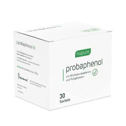 Sie sehen eine Packung Nupure probaphenol Sachets mit Milchsäurebakterien und Polyphenolen, Produktbild: 01 Nupure probaphenol Sachets mit Milchsäurebakterien und Polyphenolen, A-Nr.: 5778980 - 01
