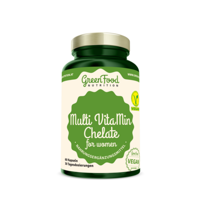 Sie sehen eine Packung GreenFood Nutrition Multi VitaMin Chelate für Frauen 60 Kapseln, Produktbild: 01 GreenFood Nutrition Multi VitaMin Chelate für Frauen 60 Kapseln, A-Nr.: 5634465 - 01