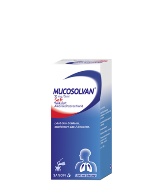 Sie sehen eine Packung Mucosolvan® 15 mg / 5 ml - Saft für Kinder, Produktbild: 01 Mucosolvan® 15 mg / 5 ml - Saft für Kinder, A-Nr.: 3531583 - 01