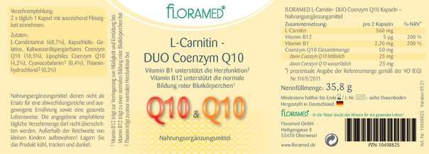 Sie sehen eine Packung Floramed L-Carnitin - DUO Coenzym Q10, Produktbild: 01 Floramed L-Carnitin - DUO Coenzym Q10, A-Nr.: 4390239 - 01