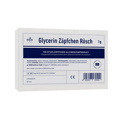 Sie sehen eine Packung Glycerin Zäpfchen Rösch 1g 100 Stk., Produktbild: 01 Glycerin Zäpfchen Rösch 1g 100 Stk., A-Nr.: 1304587 - 01