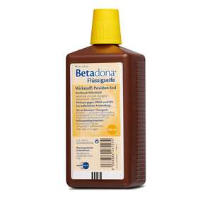 Sie sehen eine Packung Betadona® Flüssigseife 500 ml, Produktbild: 01 Betadona® Flüssigseife 500 ml, A-Nr.: 4465575 - 01