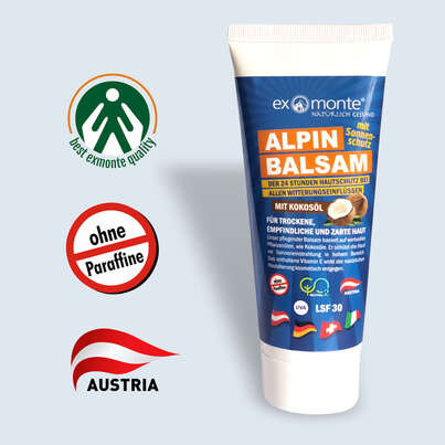 Sie sehen eine Packung Exmonte Alpinbalsam mit LSF 30 70 ML, Produktbild: 01 Exmonte Alpinbalsam mit LSF 30 70 ML, A-Nr.: 5451807 - 01