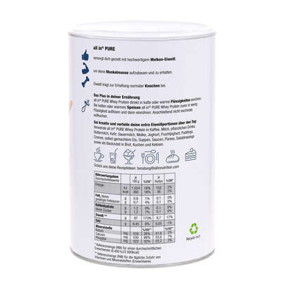 Sie sehen eine Packung all in® PURE WHEY MOLKEN Protein Pulver (6 x 500 g), Produktbild: 02 all in® PURE WHEY MOLKEN Protein Pulver (6 x 500 g), A-Nr.: 5581438 - 02