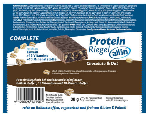 Sie sehen eine Packung all in® COMPLETE Protein Riegel Chocolate & Oat (24 x 30g), Produktbild: 02 all in® COMPLETE Protein Riegel Chocolate & Oat (24 x 30g), A-Nr.: 5332675 - 02