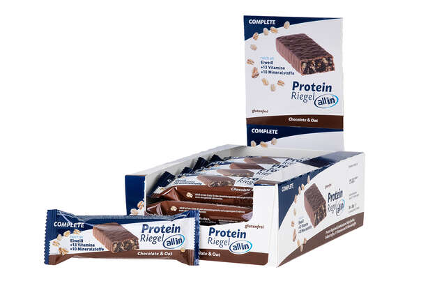 Sie sehen eine Packung all in® COMPLETE Protein Riegel Chocolate & Oat (24 x 30g), Produktbild: 04 all in® COMPLETE Protein Riegel Chocolate & Oat (24 x 30g), A-Nr.: 5332675 - 04