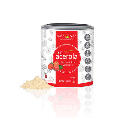 Sie sehen eine Packung BIO Acerola Vitamin C Fruchtpulver, mit 17% natürlichem Vitamin C, 100g, Produktbild: 01 BIO Acerola Vitamin C Fruchtpulver, mit 17% natürlichem Vitamin C, 100g, A-Nr.: 5229026 - 01