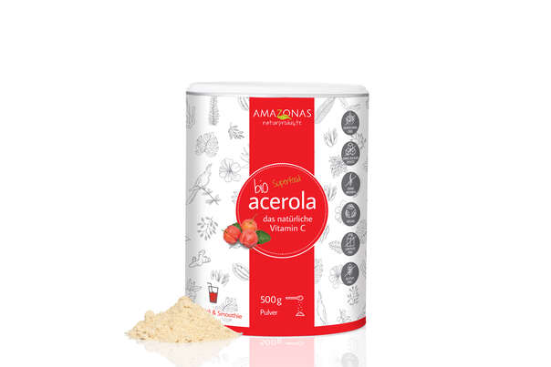 Sie sehen eine Packung BIO Acerola Vitamin C Fruchtpulver, mit 17% natürlichem Vitamin C, 500g, Produktbild: 01 BIO Acerola Vitamin C Fruchtpulver, mit 17% natürlichem Vitamin C, 500g, A-Nr.: 5229032 - 01