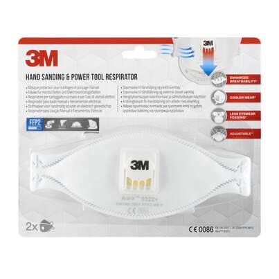 3M™ Aura™ Maske für Hand- und Maschinenschleifen 9322+, FFP2, mit Ventil, 2 pro Packung, A-Nr.: 5646882 - 01