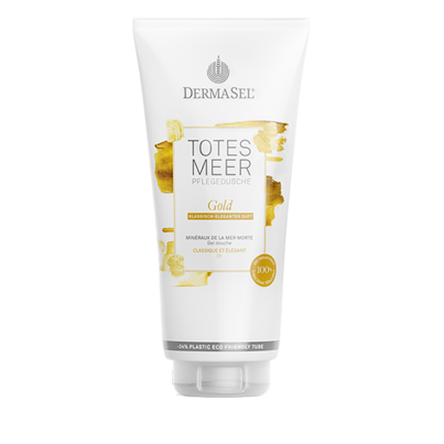 Sie sehen eine Packung DermaSel® Totes Meer Pflegedusche Gold, Produktbild: 01 DermaSel® Totes Meer Pflegedusche Gold, A-Nr.: 5106849 - 01