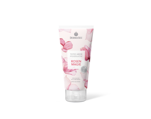 Sie sehen eine Packung DermaSel® Totes Meer Pflegedusche Rosen Magie, Produktbild: 01 DermaSel® Totes Meer Pflegedusche Rosen Magie, A-Nr.: 5705834 - 01