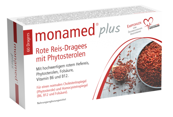 Sie sehen eine Packung monamed® plus Rote Reis Dragees mit Phytosterolen, Produktbild: 01 monamed® plus Rote Reis Dragees mit Phytosterolen, A-Nr.: 5683328 - 01