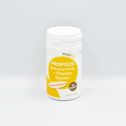 Sie sehen eine Packung Propolis Immuno Forte + Vitamine Kapseln, Produktbild: 01 Propolis Immuno Forte + Vitamine Kapseln, A-Nr.: 4547310 - 01