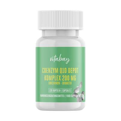 Sie sehen eine Packung Vitabay Coenzym Q10 Ubichinon Komplex 200 mg Kapseln, Produktbild: 01 Vitabay Coenzym Q10 Ubichinon Komplex 200 mg Kapseln, A-Nr.: 5877742 - 01