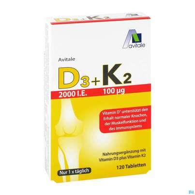 Sie sehen eine Packung D3+k2 Tabl 2000ie +100ug 120st, Produktbild: 02 D3+k2 Tabl 2000ie +100ug 120st, A-Nr.: 5296100 - 02