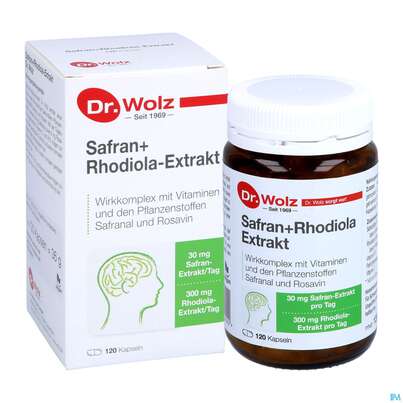 Sie sehen eine Packung Safran +rhodiola Extrakt Kapseln Dr.wolz Nr 60548 120st, Produktbild: 07 Safran +rhodiola Extrakt Kapseln Dr.wolz Nr 60548 120st, A-Nr.: 4297758 - 07