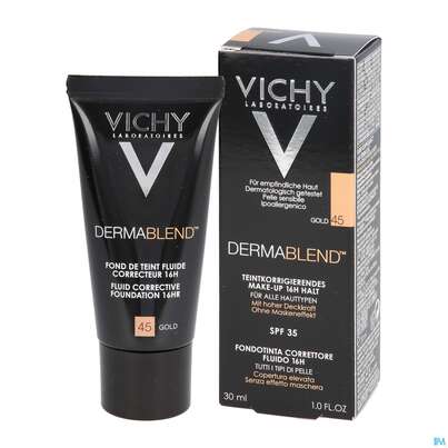 Sie sehen eine Packung Vichy Dermablend Make-up 45 Gold 30ml, Produktbild: 12 Vichy Dermablend Make-up 45 Gold 30ml, A-Nr.: 3044647 - 12