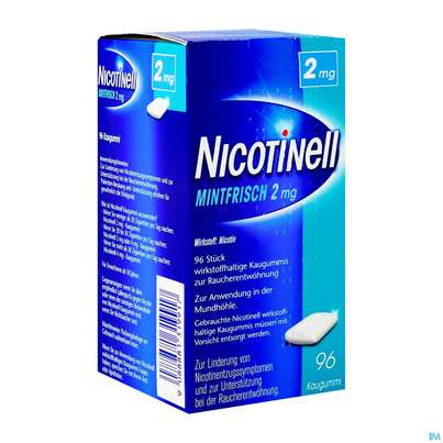 Sie sehen eine Packung Nicotinell Wirkstoffhaltige Kaugummis Z.raucherentwoehnung Mintfrisch 2mg 96st, Produktbild: 04 Nicotinell Wirkstoffhaltige Kaugummis Z.raucherentwoehnung Mintfrisch 2mg 96st, A-Nr.: 1319910 - 04