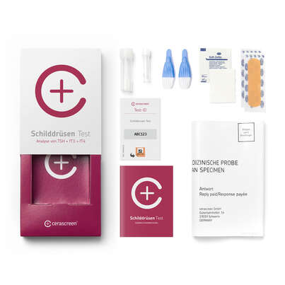 Sie sehen eine Packung cerascreen Schilddrüsen Test, Produktbild: 02 cerascreen Schilddrüsen Test, A-Nr.: 5442889 - 02