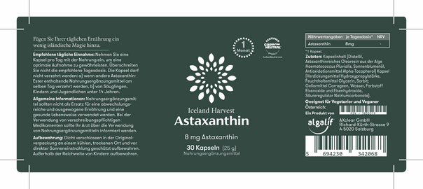 Sie sehen eine Packung Astaxanthin 8 mg Iceland Harvest 30 Kapseln (25g) Nahrungsergänzungsmittel, Produktbild: 04 Astaxanthin 8 mg Iceland Harvest 30 Kapseln (25g) Nahrungsergänzungsmittel, A-Nr.: 5830019 - 04
