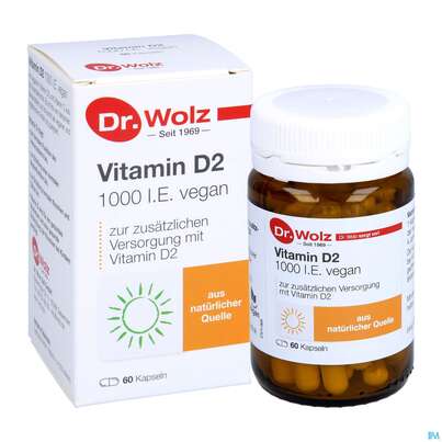Sie sehen eine Packung Vitamin D2 Kapseln Vegan Dr.wolz 60584 60st, Produktbild: 07 Vitamin D2 Kapseln Vegan Dr.wolz 60584 60st, A-Nr.: 4164796 - 07